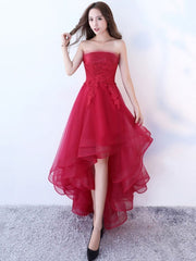 Strapless Applique A Line High Low Tulle Asymmetrical Prom Dresses