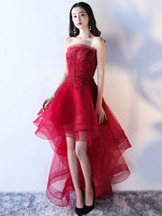 Strapless Applique A Line High Low Tulle Asymmetrical Prom Dresses