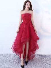Strapless Applique A Line High Low Tulle Asymmetrical Prom Dresses