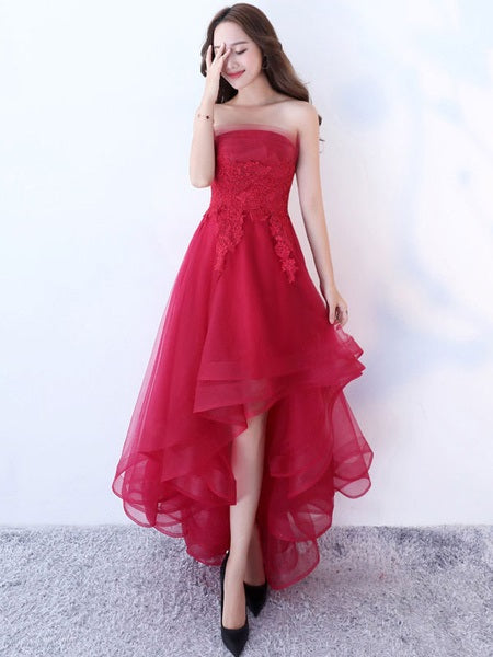 Strapless Applique A Line High Low Tulle Asymmetrical Prom Dresses