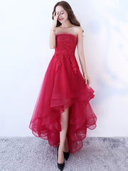 Strapless Applique A Line High Low Tulle Asymmetrical Prom Dresses