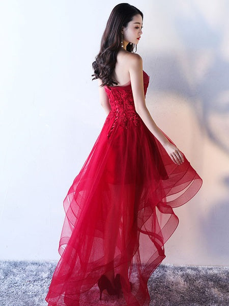 Strapless Applique A Line High Low Tulle Asymmetrical Prom Dresses
