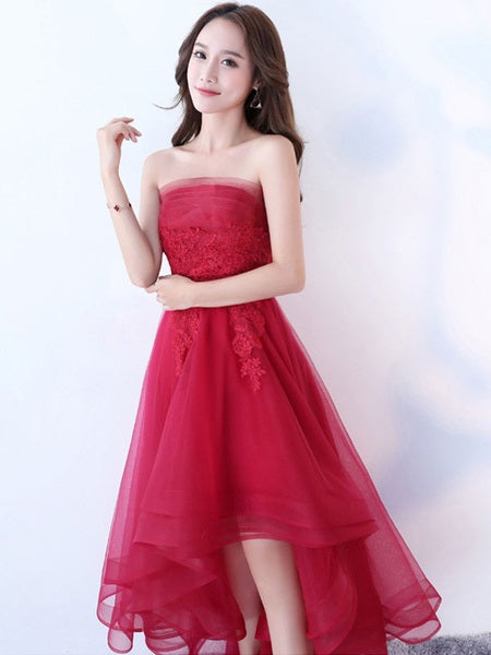 Strapless Applique A Line High Low Tulle Asymmetrical Prom Dresses