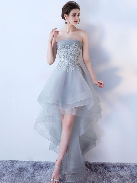 Strapless Applique A Line High Low Tulle Asymmetrical Prom Dresses
