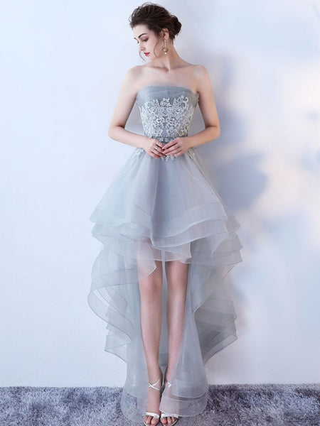 Strapless Applique A Line High Low Tulle Asymmetrical Prom Dresses