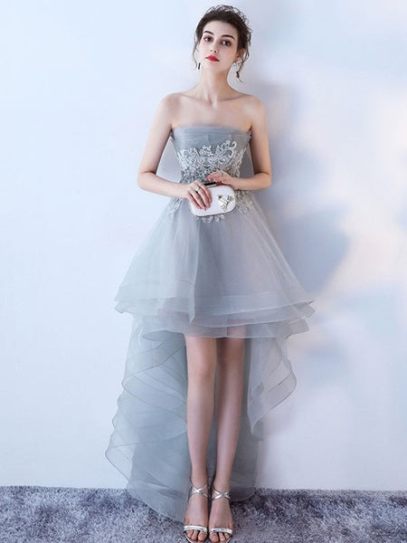 Strapless Applique A Line High Low Tulle Asymmetrical Prom Dresses