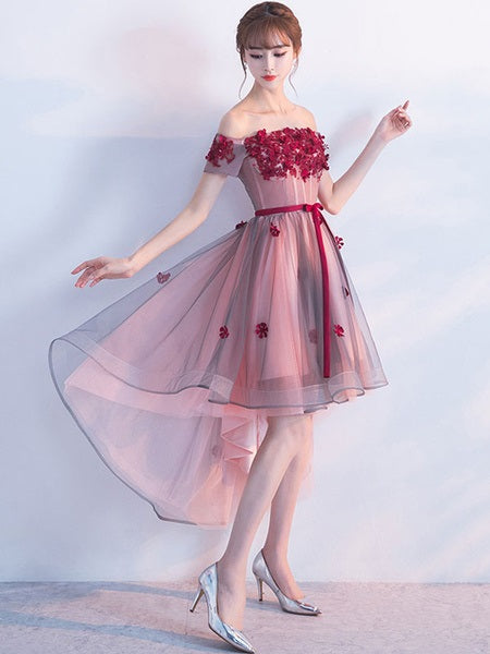 Off The Shoulder Lace Applique A Line Tulle Short Sleeve Prom Party Dress