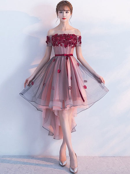 Off The Shoulder Lace Applique A Line Tulle Short Sleeve Prom Party Dress