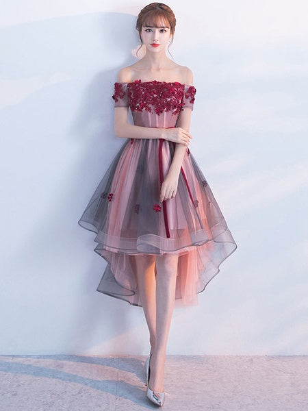 Off The Shoulder Lace Applique A Line Tulle Short Sleeve Prom Party Dress