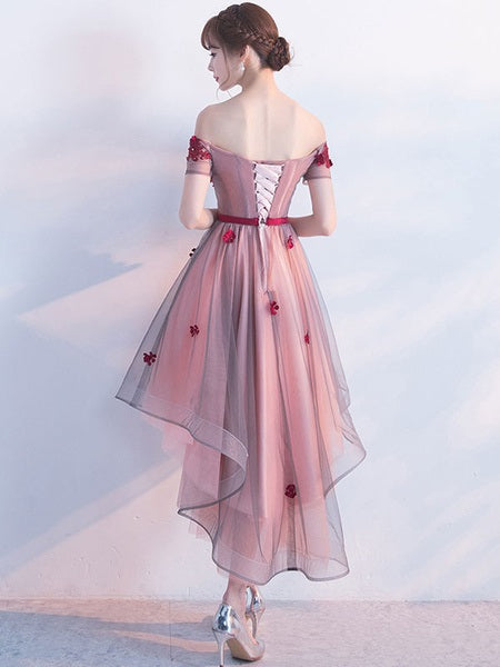 Off The Shoulder Lace Applique A Line Tulle Short Sleeve Prom Party Dress