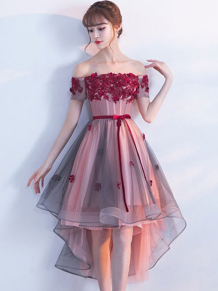 Off The Shoulder Lace Applique A Line Tulle Short Sleeve Prom Party Dress