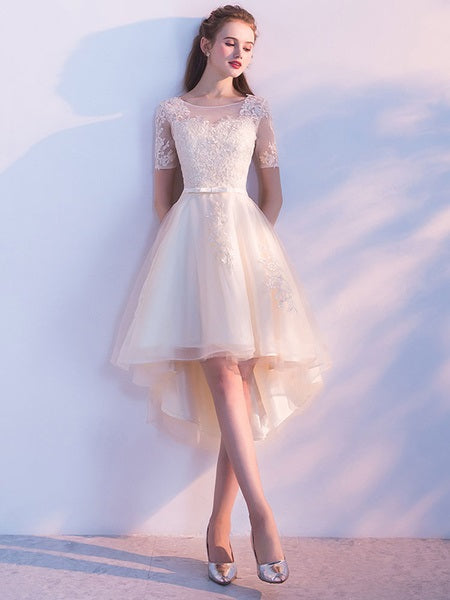 Short Sleeve Lace Applique Sash Round Neck A Line High Low Party Dresses