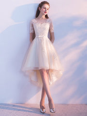 Short Sleeve Lace Applique Sash Round Neck A Line High Low Party Dresses