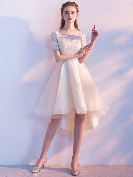Short Sleeve Lace Applique Sash Round Neck A Line High Low Party Dresses