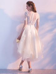 Short Sleeve Lace Applique Sash Round Neck A Line High Low Party Dresses