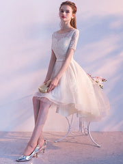 Short Sleeve Lace Applique Sash Round Neck A Line High Low Party Dresses