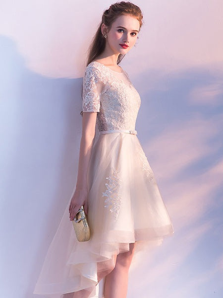 Short Sleeve Lace Applique Sash Round Neck A Line High Low Party Dresses
