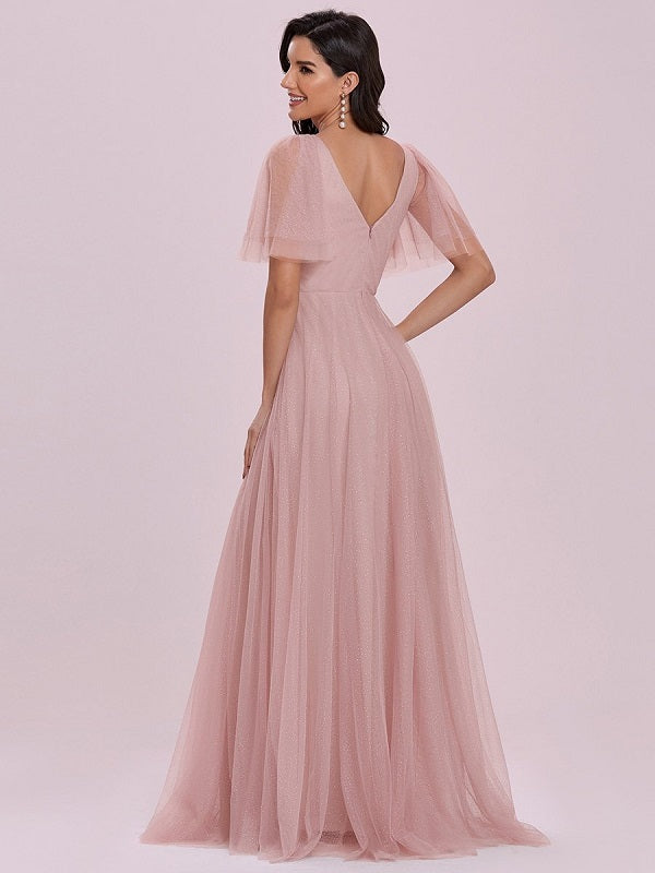 Homecoming V-Neck Backless Tulle Floor-Length Evening Dress