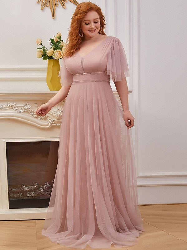 Homecoming V-Neck Backless Tulle Floor-Length Evening Dress