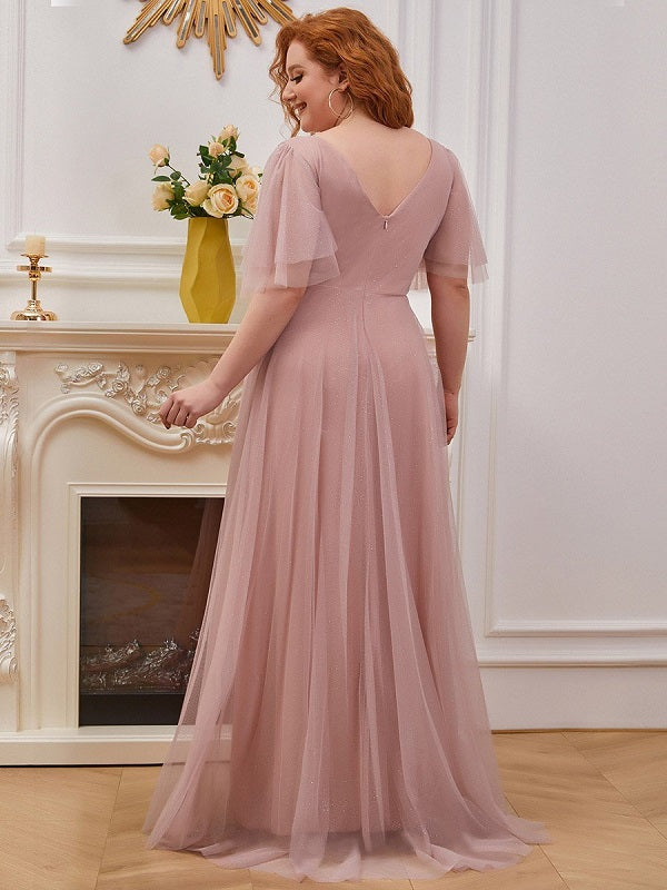 Homecoming V-Neck Backless Tulle Floor-Length Evening Dress