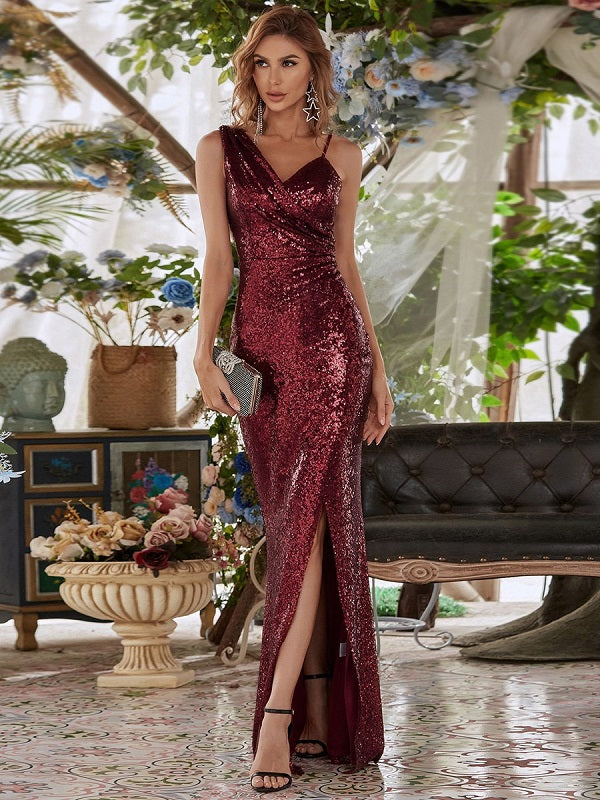 Homecoming V-Neck Sleeveless Split Front Sequined Dress