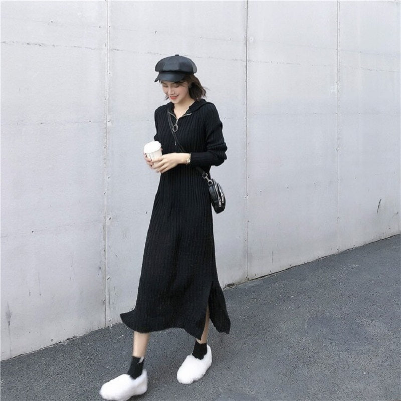 Hooded Zippers V-Neck Casual Straight Knitting Sweater Dress