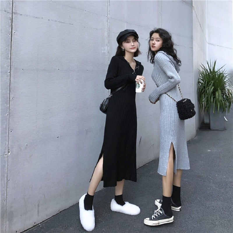 Hooded Zippers V-Neck Casual Straight Knitting Sweater Dress