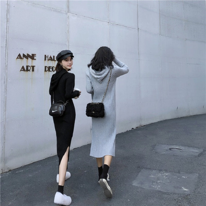 Hooded Zippers V-Neck Casual Straight Knitting Sweater Dress