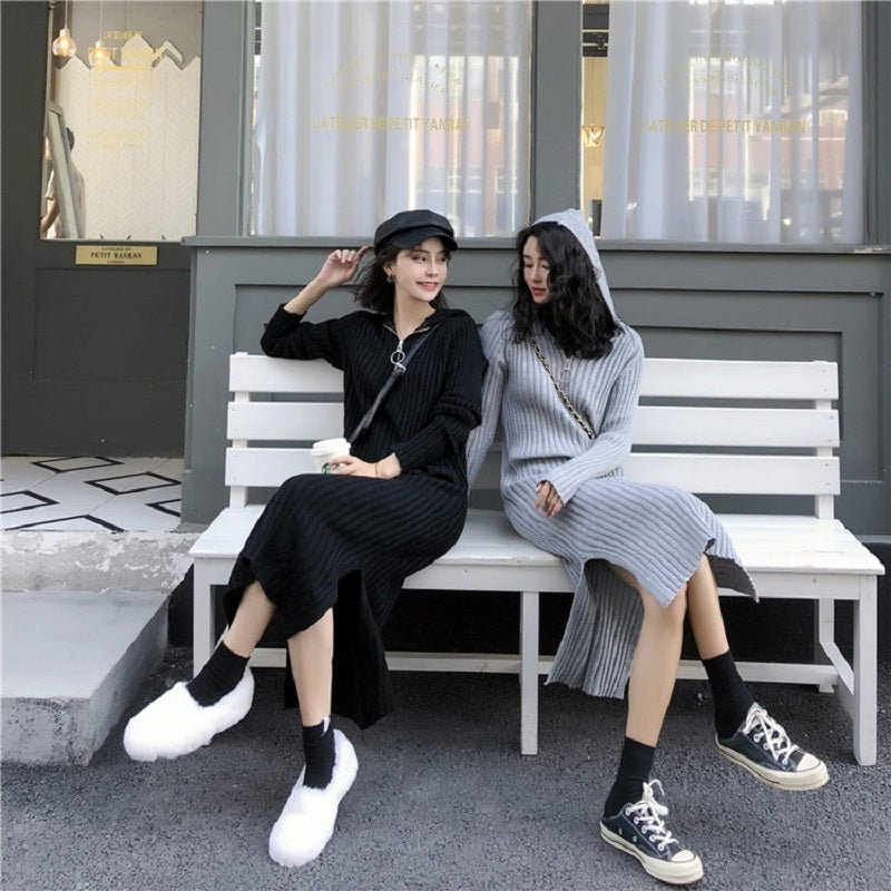 Hooded Zippers V-Neck Casual Straight Knitting Sweater Dress