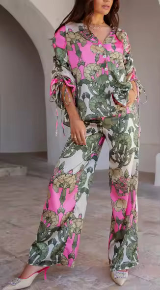Indie Folk Single Breasted Shirt And Trousers Suit Plus Size Two Piece Suit