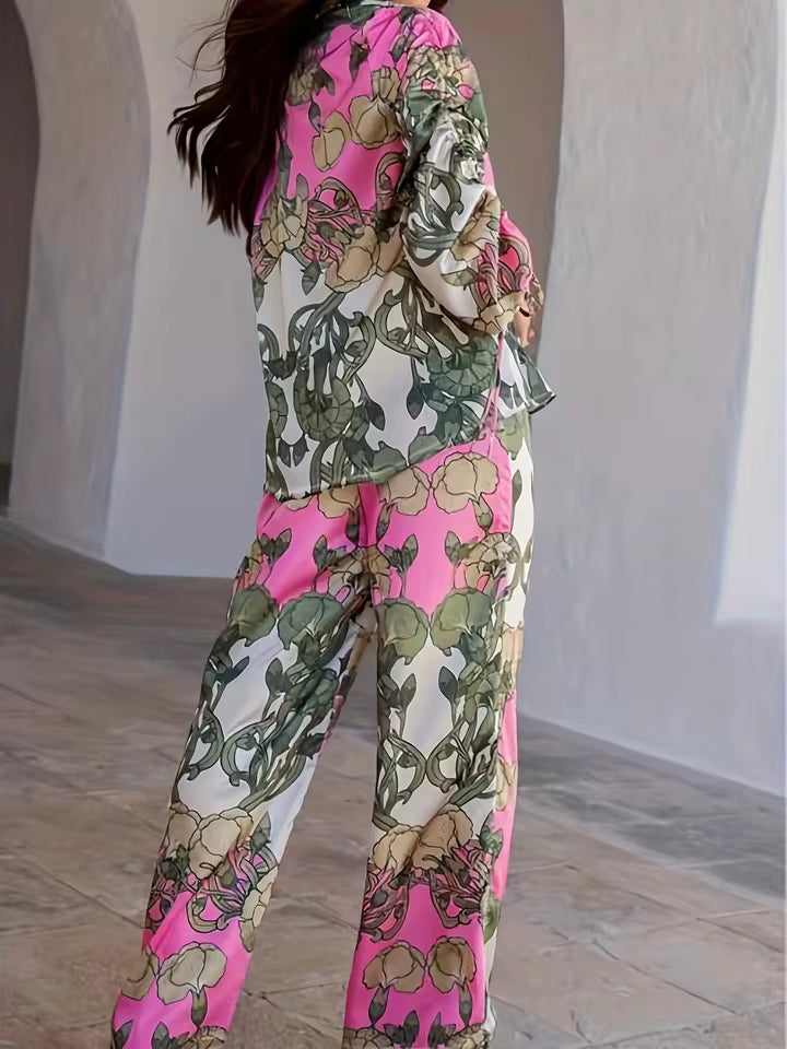Indie Folk Single Breasted Shirt And Trousers Suit Plus Size Two Piece Suit