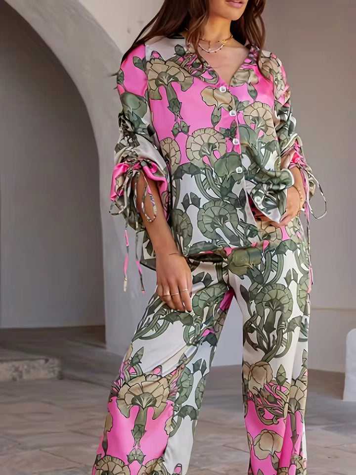 Indie Folk Single Breasted Shirt And Trousers Suit Plus Size Two Piece Suit