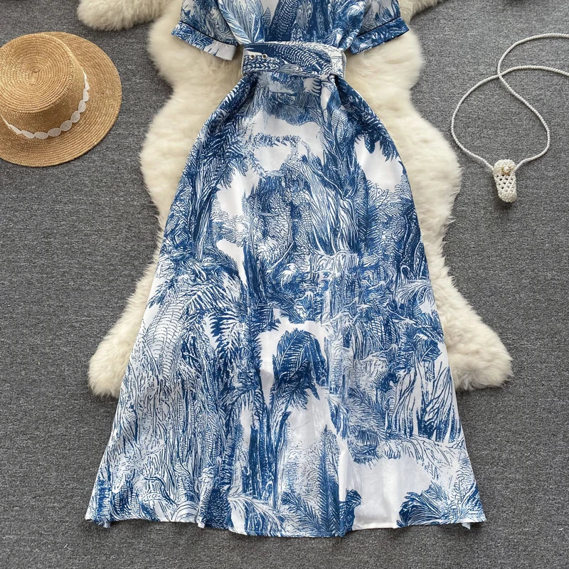 Ink Print Dress for Women A-line Lapel Collar High Waist Slim