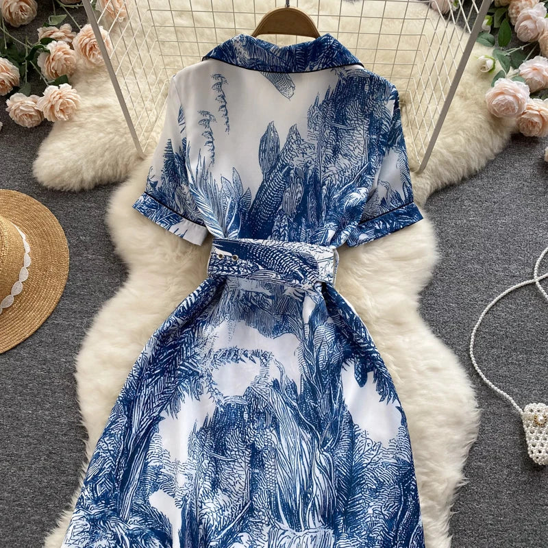 Ink Print Dress for Women A-line Lapel Collar High Waist Slim