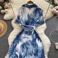 Ink Print Dress for Women A-line Lapel Collar High Waist Slim