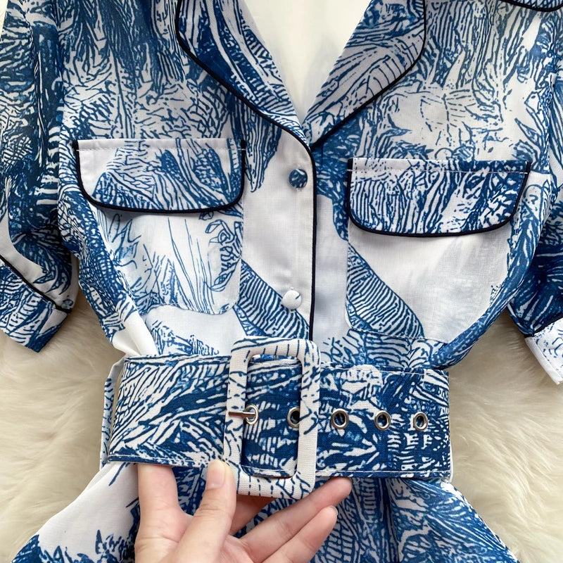 Ink Print Dress for Women A-line Lapel Collar High Waist Slim