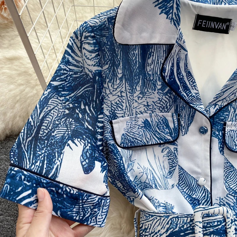 Ink Print Dress for Women A-line Lapel Collar High Waist Slim