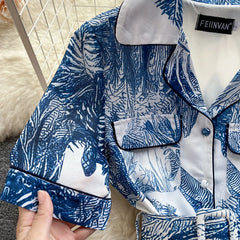 Ink Print Dress for Women A-line Lapel Collar High Waist Slim