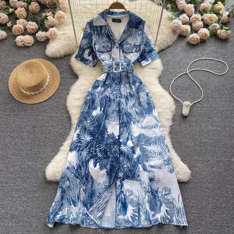 Ink Print Dress for Women A-line Lapel Collar High Waist Slim