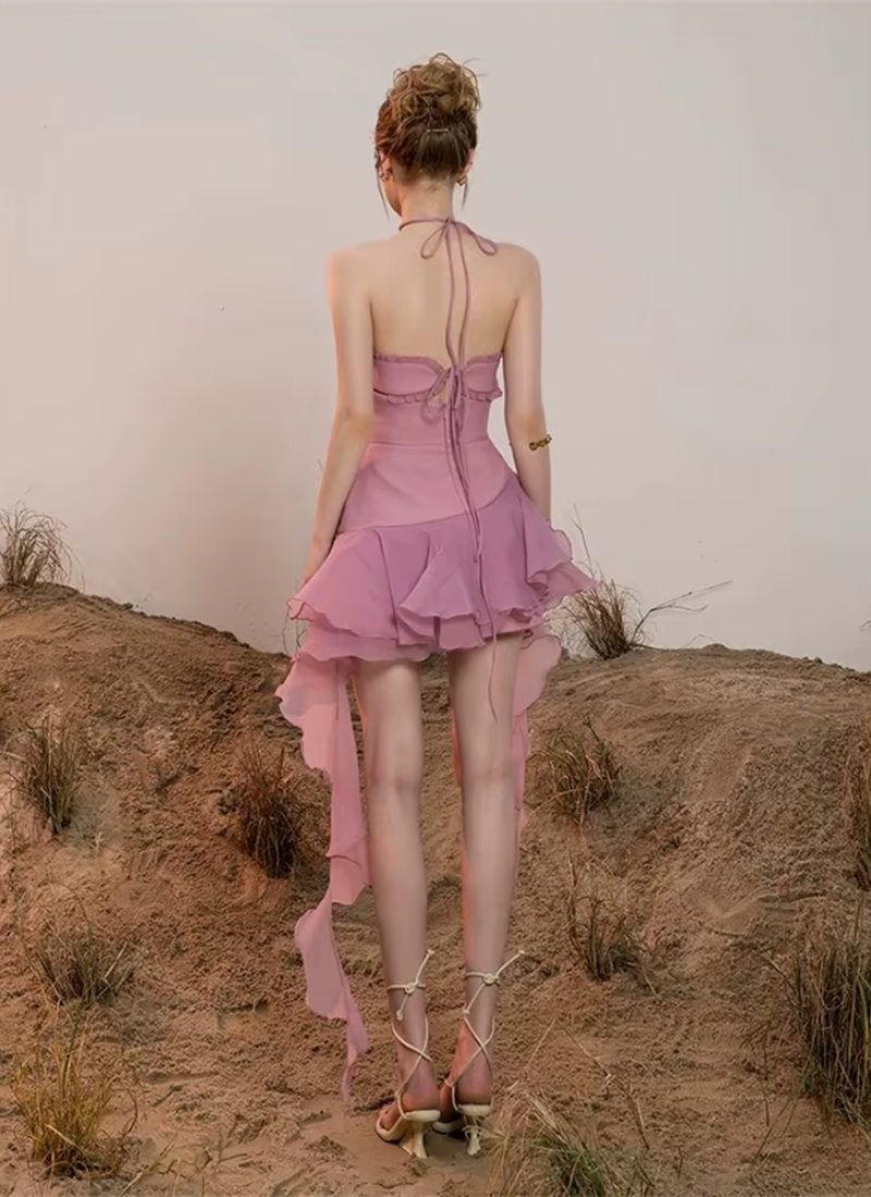 Intimate Halter Neck Ruffles Draped Sleeveless Pleat A-line Cocktail Slim Mini Dress
