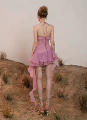 Intimate Halter Neck Ruffles Draped Sleeveless Pleat A-line Cocktail Slim Mini Dress