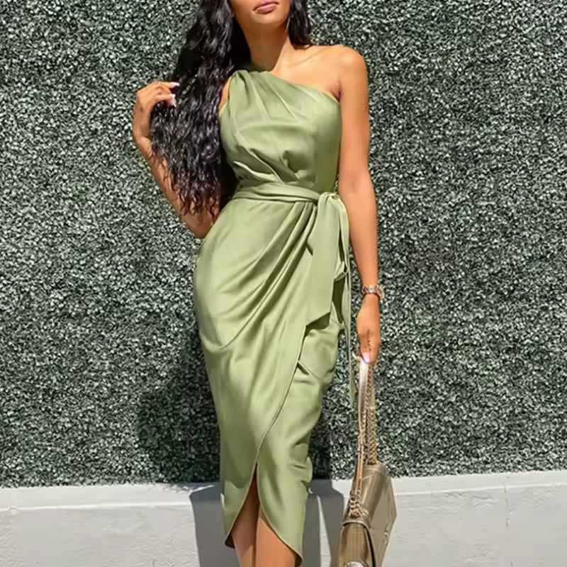 Irregular Diagonal Shoulder Belt Cross-border Slim Fit Satin Dress