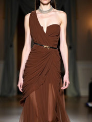 Irregular Neck Sleeveless High Waist Solid Spliced Mesh Slimming Temperament Dress
