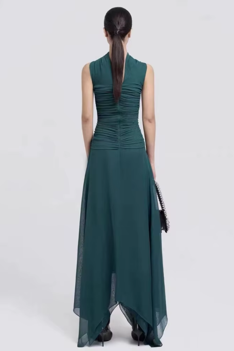 Irregular Patchwork Design Halter Neck Sleeveless Backless Folds Slim Long Dress