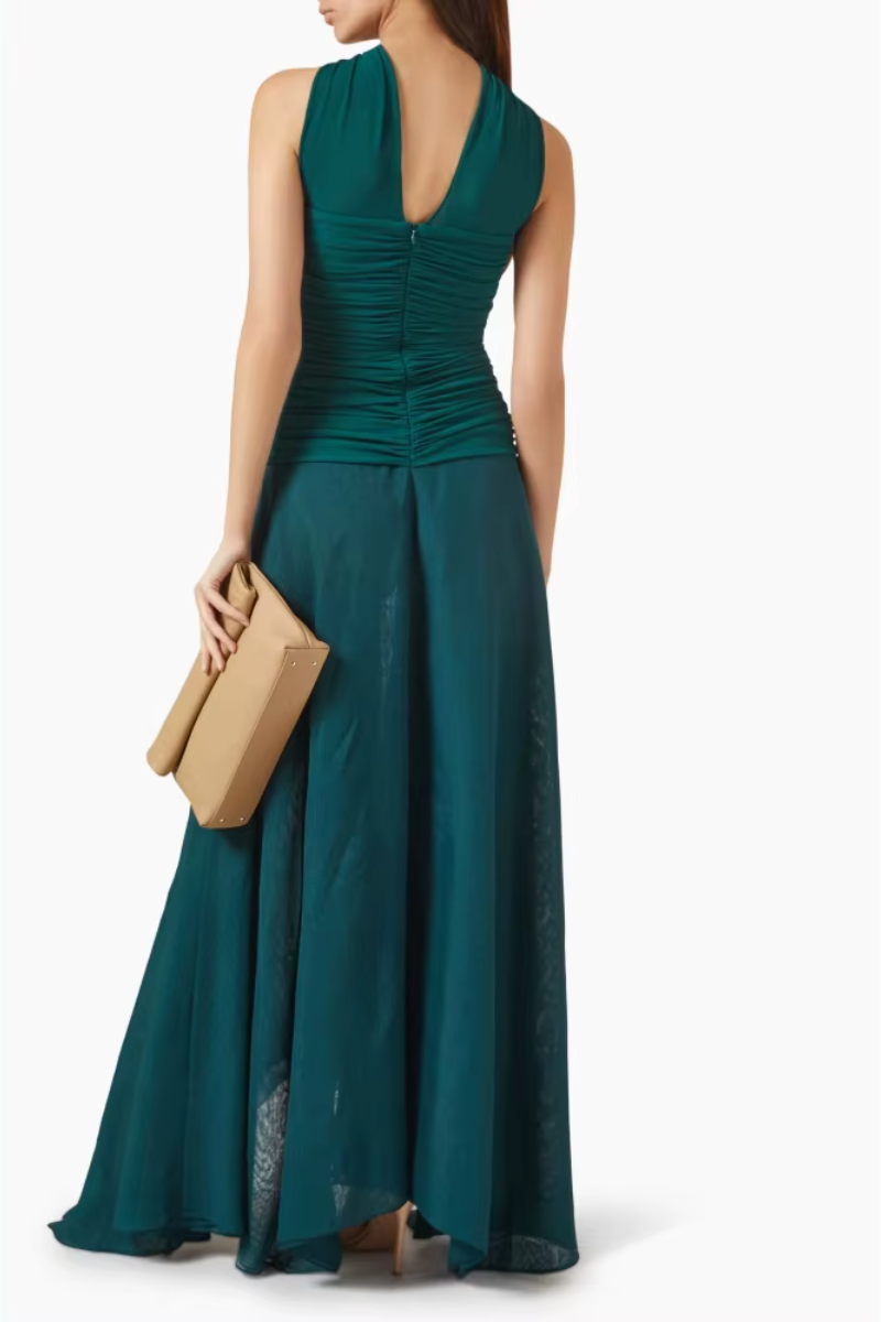 Irregular Patchwork Design Halter Neck Sleeveless Backless Folds Slim Long Dress