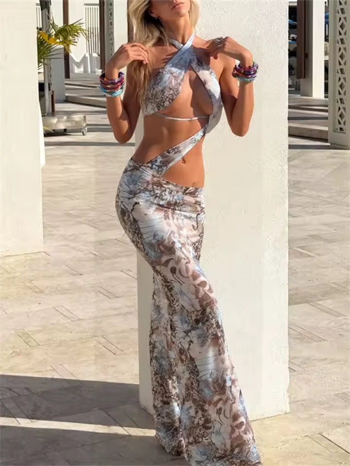 Irregular Ruched Gradient Print Halter Backless Sleeveless Slim Vacation Clubwear Vestidos Dress