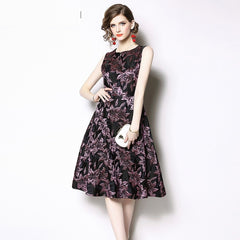 Elegant O-Neck Jacquard Print Mini Dress