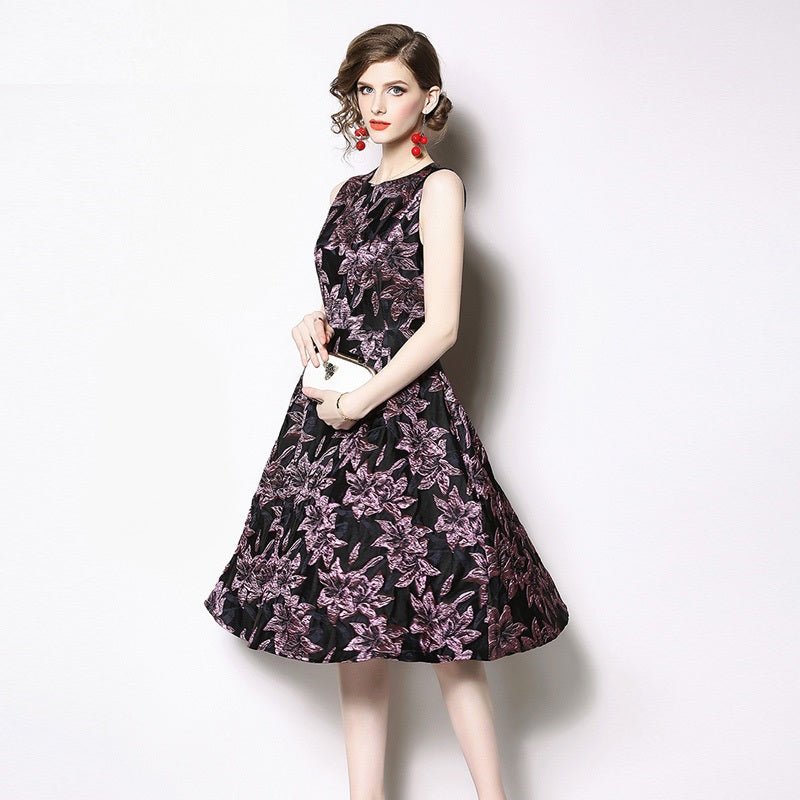 Elegant O-Neck Jacquard Print Mini Dress
