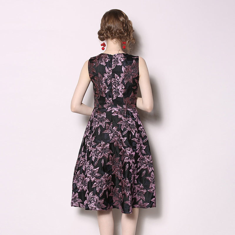 Elegant O-Neck Jacquard Print Mini Dress