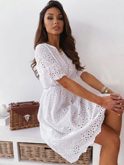 Jewel Neck Cotton Blend Beach Dress